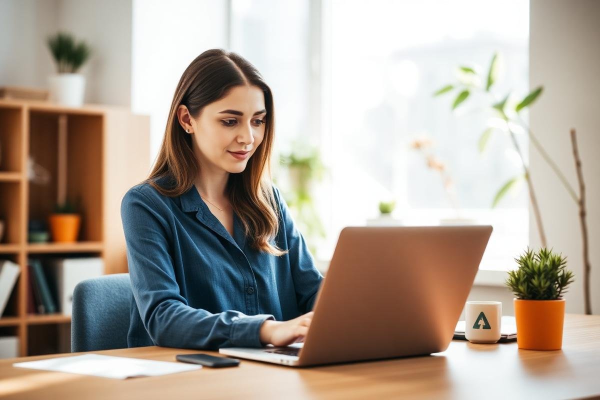 A focused professional woman working productively on a laptop at home