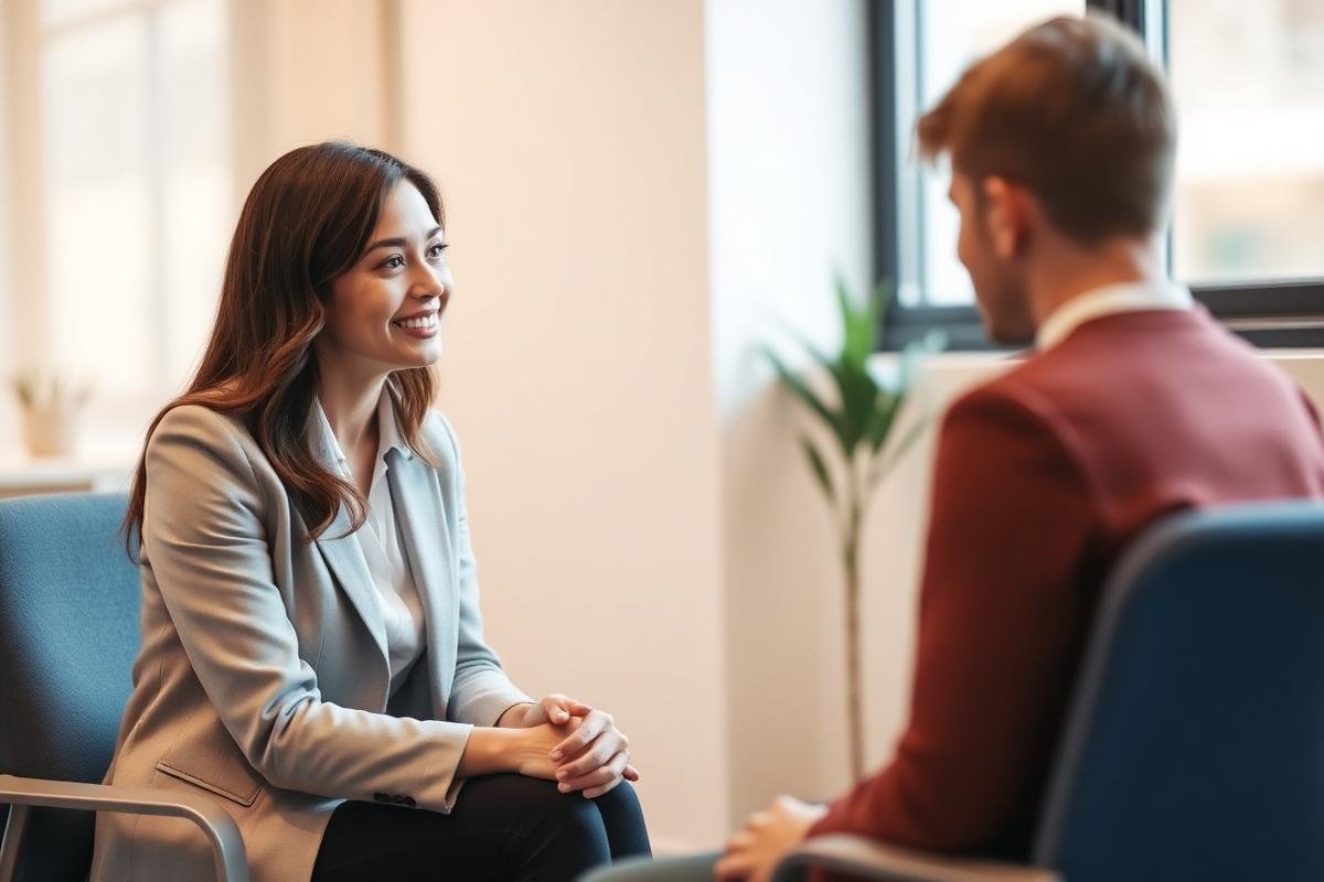 A clinician and patient talking during a calm ADHD assessment consultation