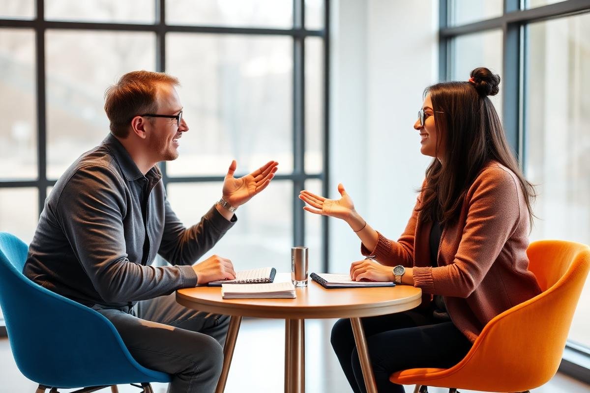 Two people in a bright coaching session talking with notebooks open
