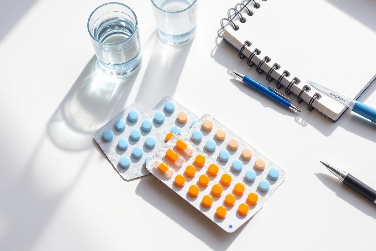 Medication blister packs, water glass and notebook arranged neatly on a white desk
