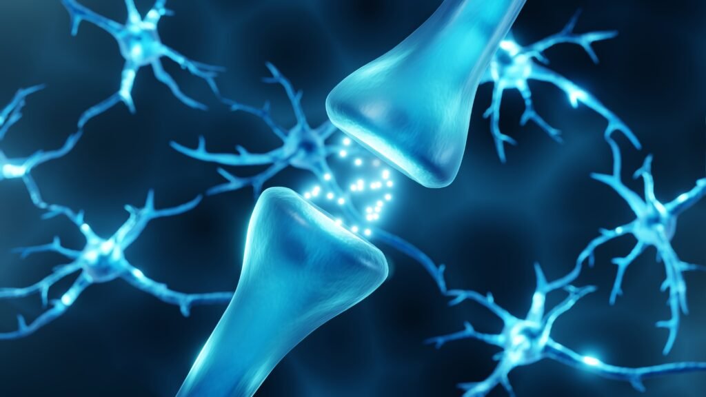 Synaps with neurons in the background, neurotransmitters in syna